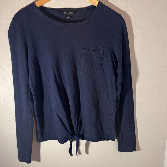 J.CREW MERCANTILE Navy 100% Cotton Tie-Front Long Sleeve Pocket Tee | Small - Picture 1 of 4